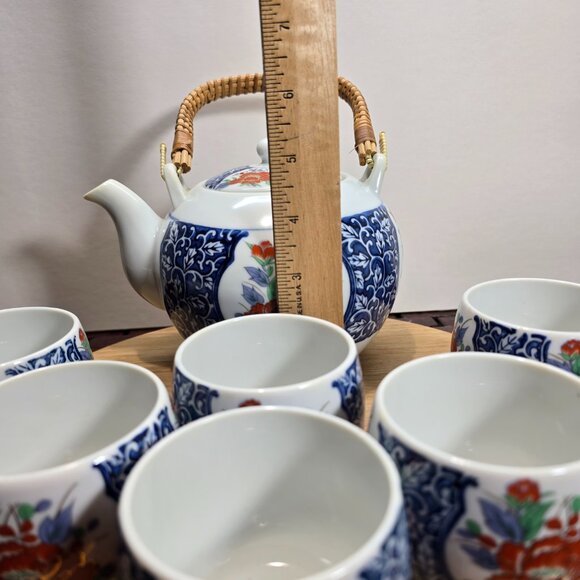 Vintage OMC Imari Bamboo Handle Japanese Porcelain Tea Pot with Lid & 6 Cup Set - Picture 8 of 10